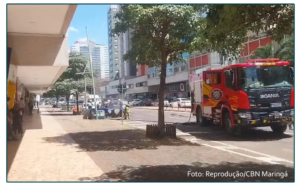 Incêndio em rede subterrânea deixa prédios sem energia no centro de Maringá.